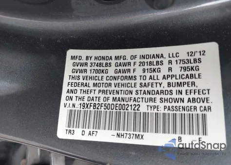 2013 Honda Civic Lx из США, поврежденный, VIN 19XFB2F50DE002122